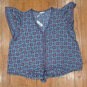 Max Studio Blue and Red Patterned Blouse